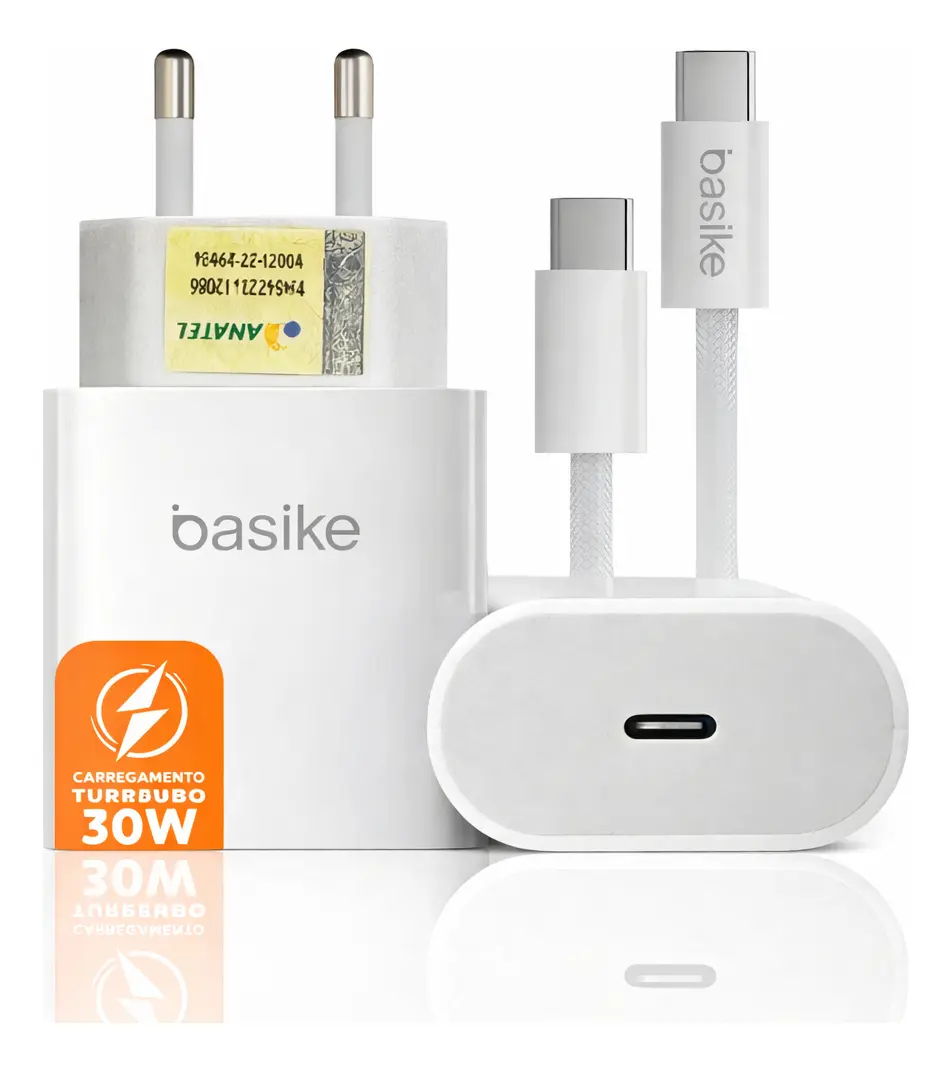 Carregador Turbo de Parede 30W Basike BA-CAR112C com Cabo Tipo-C para iPhone e Android