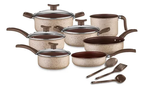 Conjunto De Panelas Antiaderente 10 Peças Teflon Linha Coffee Cappuccino Tampa De Vidro