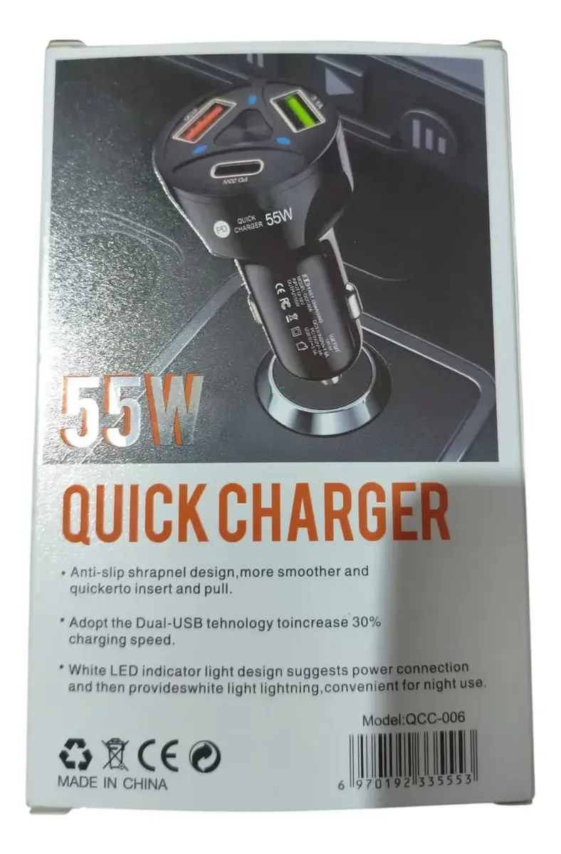 Carregador Turbo Veicular 55w - 2 Usb - 1 Usb-c Pd - 3.0