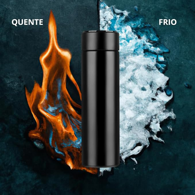 Garrafa Térmica em Aço Inox 500ml com Termômetro Digital LED Touch (Preto)