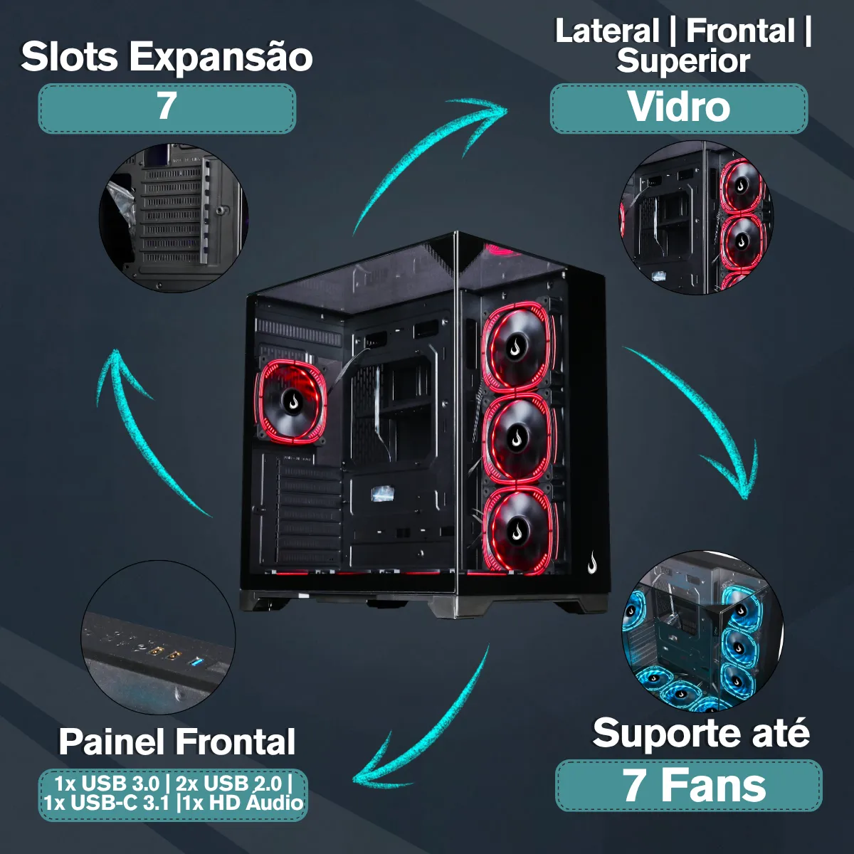 Gabinete Gamer Aquário | Rise Mode | Full Glass | S/fan Cor Preto