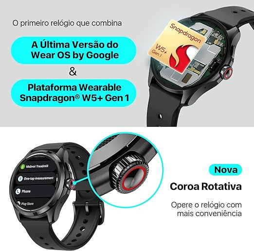 TicWatch Pro 5 Android Wear OS Smartwatch Relógio Inteligente Snapdragon W5+Gen1 Carregamento Rápido,GPS Bússola,Resistência à água de 5ATM,2GB de RAM,compatível apenas com Android