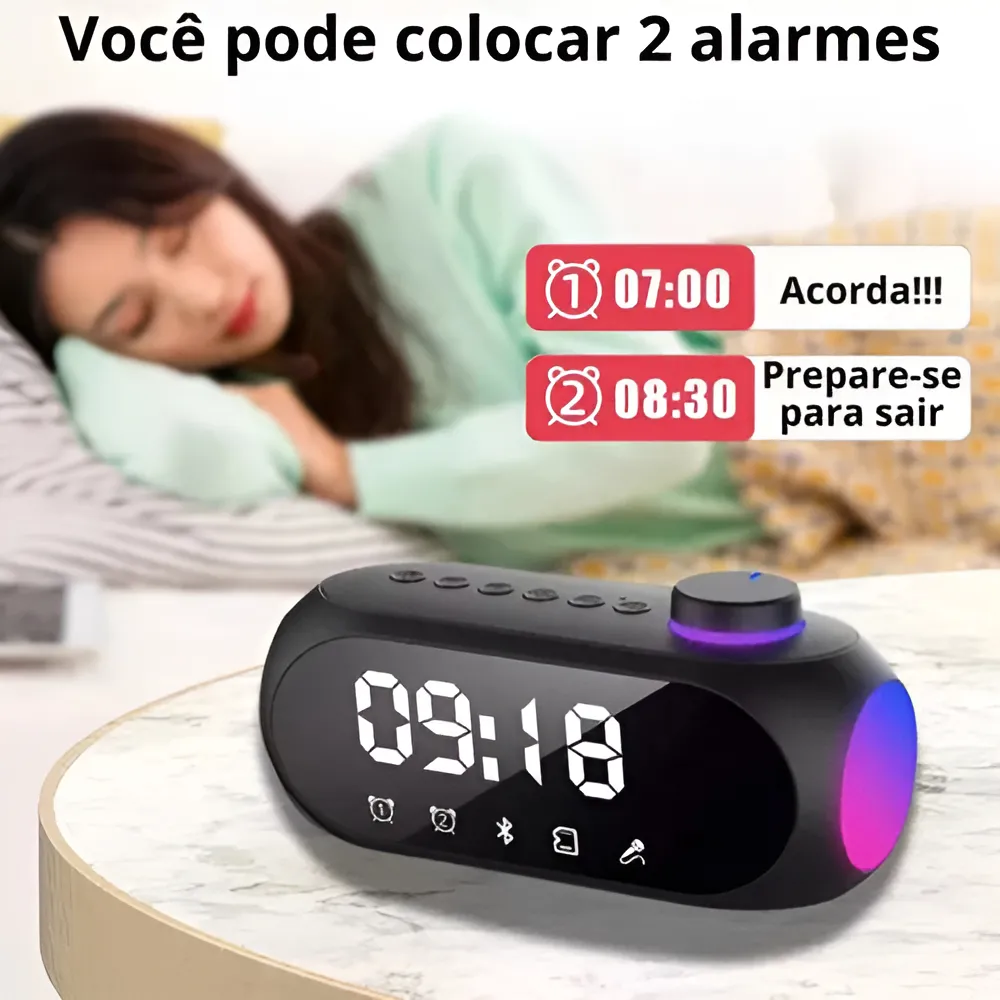 Caixa de Som Bluetooth Som Potente Com Radio 2 Alarmes Relógio Digital