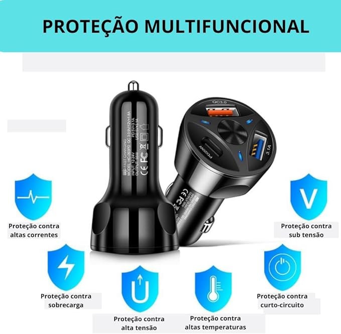 Carregador Veicular com Carregamento Rápido – Quick Charge 3.0 - USB, Tipo C, Smartphone, Tablet, iPhone, Android, Premium Top Cor Preto.