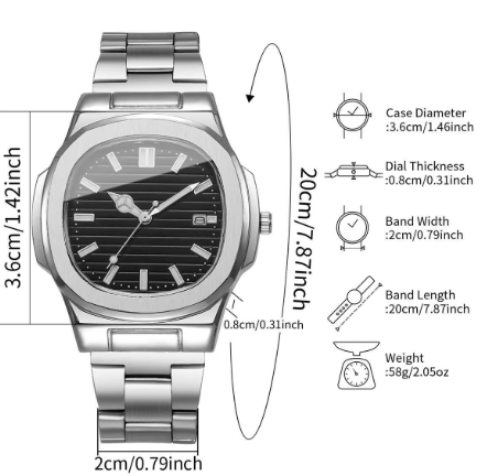 Relógios de negócios masculinos de luxo moda mostrador quadrado pulseira de aço inoxidável relógio de quartzo com calendário para relógio masculino (sem caixa)