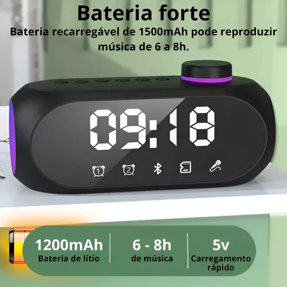 Caixa de Som Bluetooth Som Potente Com Radio 2 Alarmes Relógio Digital